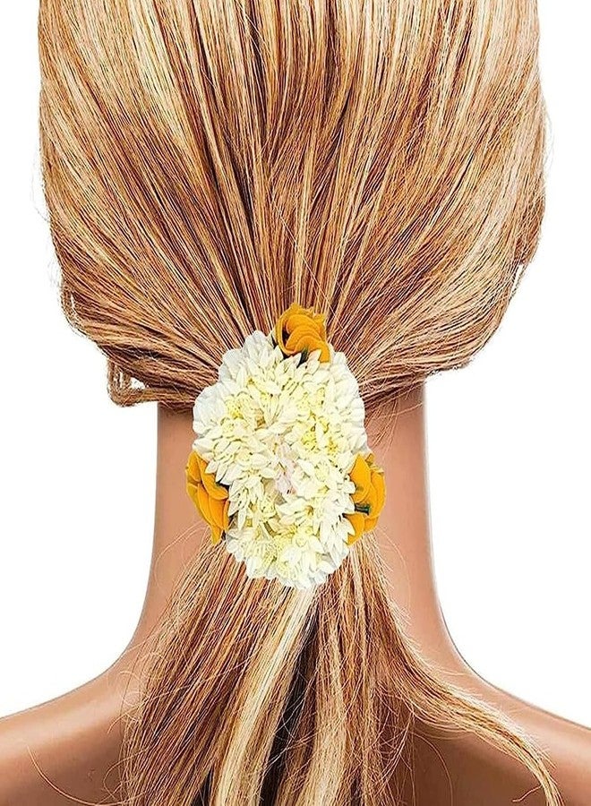 WECROO Stylish Hair Rubber White Pearl Mogra Gajra with Red,yellow Rose Flower Plastic Artificial Wedding Bun Elastic Band for Women Girls (yellow, Pack of 2) - Image 3